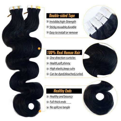Tape in Hair Extensions Human Hair Body Wave Real Human Hair Extensions for Black Women Natural Black 20 Pieces 50G/Set Double Sided Tape on Hair Rxtensions Skin Weft Tape ins Remy Hair 18 Inch #1B