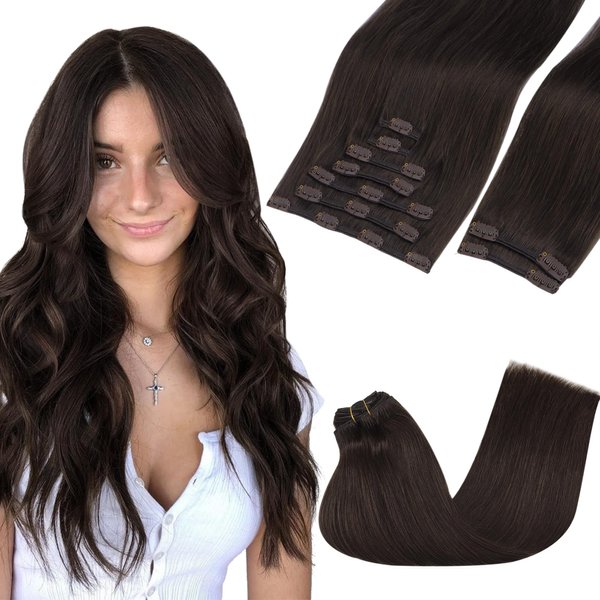 GOO GOO Clip in Hair Extensions Real Human Hair, 18inch 150g 9Pcs, 2A Light Brown, Remy Human Hair Extensions Clip ins for Women, Natural Human Hair