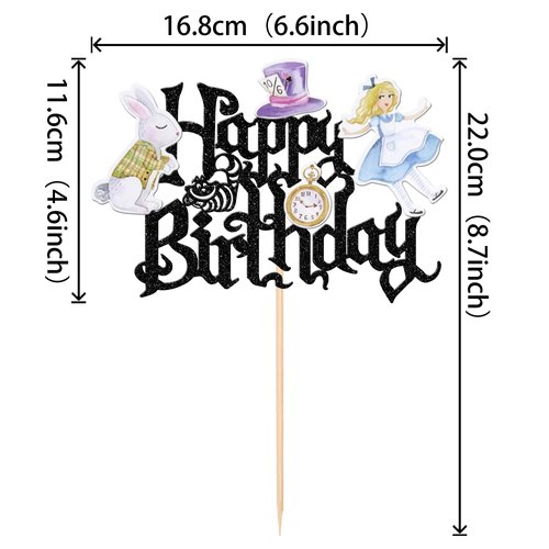 1 PCS Magic Alice Happy Birthday Cake Topper Glitter Eat Me Magical Hat Bunny Clock Fairy Birthday Cake Pick for Magic Alice Theme Baby Shower Birthday Party Decorations Supplies Black