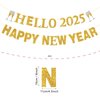 TC.ES Happy New Year 2025 Banner, No DIY, Gold and Black Glittery New Year Holiday Themed Party Decorations for Mantle