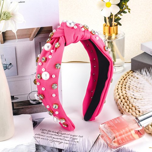 Zkptops Knotted Headband Pearl Rhinestone Headband for Women Beaded Wide Top Knot Headbands Crystal Jeweled Headwear Turban Hair Band Fashion Non Slip Sparkly Headpiece Hair Accessories Gift(Hot Pink)
