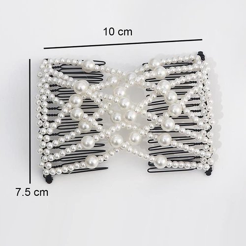 1 Piece Adjustable Elastic Hair Comb Stretchy Pearl Bow Double Comb Banana Hair Clip Beaded Hairpin Hair Accessories for Women Curly Thick Hair Ponytail