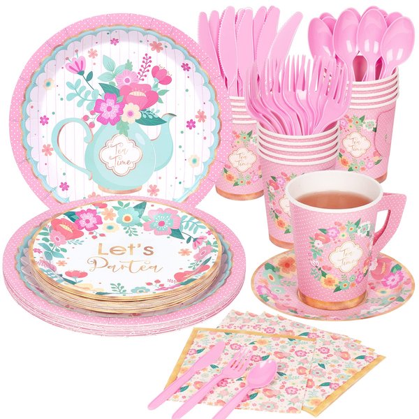 DECORLIFE Tea Party Supplies Serves 16, Tea Party Plates and Napkins Sets Include Paper Saucers, Teacups with Handles, Tableware for Girl's Birthday, Tea Party Decorations, Total 128 PCS