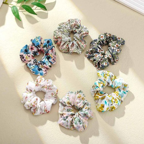 Jewemia Women's Floral Chiffon Hair Scrunchies - Elastic Rubber Bands for Thick Curly Hair, Flower Hair Ties and Accessories, Gift Set of 6