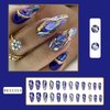 Vezocim Press on Almond Nails-24Pcs Glossy Full Cover Acrylic Purple Glitter Fake Nails with Gold Line Designs Artificial Medium False Nails Fake Nails Glue Stick on Fingernails for Women Girls