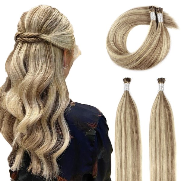 ABH AmazingBeauty Hair I Tip Hair Extensions Human Hair 16 Inch Fusion Hair Extensions Human Color #8A Light Brown Mixed with #60 Ash Blonde Hair Extensions for Short Hair Silky Straight 50g 50strands