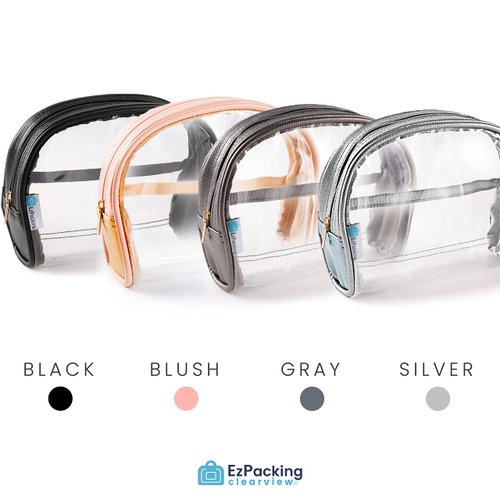 Half Moon Bag / Clear Cosmetic Pouch for Purse / Transparent TSA Compliant Clear Quart Bag for Travel / See-Through Clutch or Handbag for Makeup / Made From Vegan Leather, Vinyl PVC & Suede (Silver)