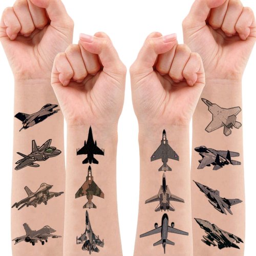 8 Sheets (96PCS) Fighter Jet Temporary Tattoos Themed Birthday Party Supplies Decorations Favors Stickers for Kids Boys Girls Gifts Classroom School Prizes Rewards