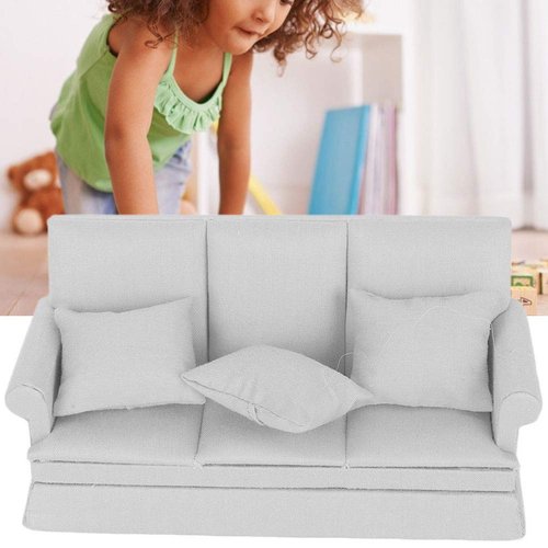 Agatige Dollhouse Furniture Set, Dollhouse Miniature Sofa Kit with 3 Pillow Miniature Toys Couch Chairs for 1:12 Dollhouse Accessory(Gray)
