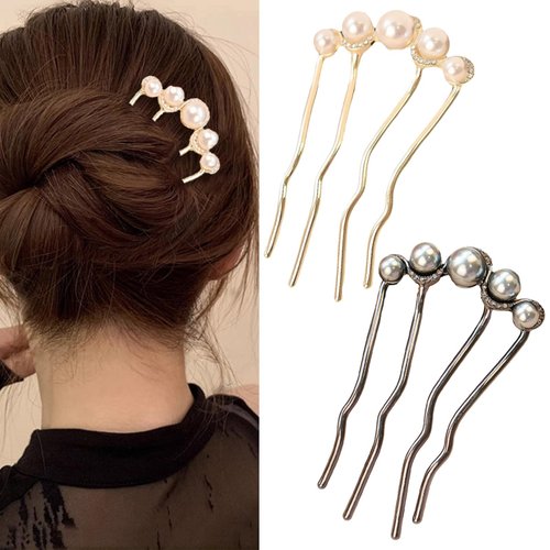 2 Pcs Pearls Twist Hair Pins Metal Hair Side Combs French Twist Hair Pins Pearls Fork Clip Pearl ...