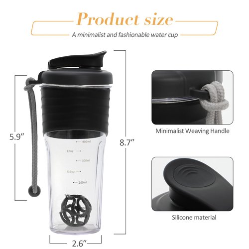 Kuoleopa Shaker Bottle for Protein Mixes，24 oz，Protein Shaker Bottles with Whisk Ball, Mixer Bottle, Protein Bottle,Portable Pre Workout Whey Protein Drink Shaker Cup，Black