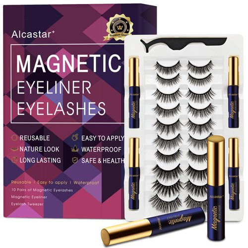 3D Magnetic Eyelashes with Eyeliner Kit, Magnetic Lashes with Applicator, Updated Most Natural Look,Strongest Hold,Waterproof, Reusable Magnet Eyelashes Easy to Use.(10 Pairs & 4 Liner)