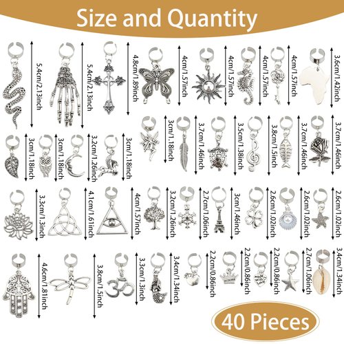 JALANCY 40 Pcs Locs Hair Jewelry Braids Hair Clips Adjustable Hair Cuffs African Style Dreadlocks Hair Beads Butterfly Shell DIY Hair Pendant Charms Hair Decoration for Locs Accessories (Silver)