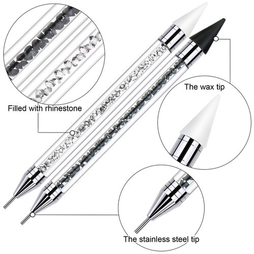 2 Pieces Rhinestone Picker Dotting Pen, Dual-ended Rhinestone Gems Crystals Studs Picker Wax Pencil Pen Crystal Beads Handle Manicure Nail Art DIY Decoration Tool (Black White)