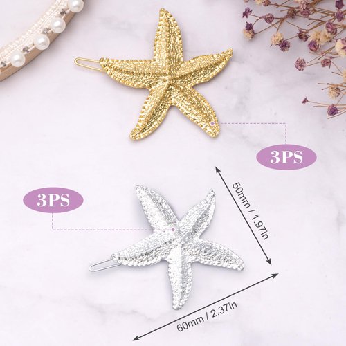 HINZIC 6PCS Starfish Hair Clips, Mermaid Sea Star Ponytail Holder Gold Silver Glitter Bangs Side Barrettes Hair Accessories for Women Halloween Christmas Beach Wedding Birthday