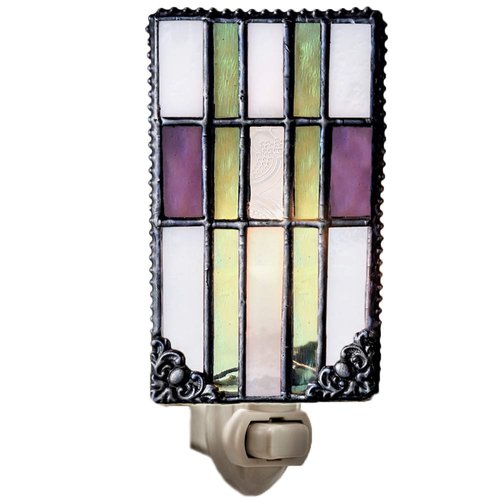 J Devlin Glass Art Stained Glass Night Light, Vintage Glass, Purple, Green, Plug in nightlight for Bedroom/Bathroom/Stairway/Hallway Home Decor NTL 170