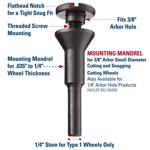 Weiler 56089 Die Grinder Cut-Off Wheel and Mandrel Kit Including 56490 Mandrel and 3-Inch x 1/16" Wolverine T1 Thin Wheels, A36T, 3/8" AH (1 Mandrel and 10 Cutting Discs)