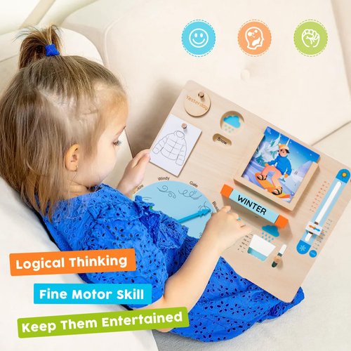 Wooden Weather Station Cognitive Board with 17 Cards-Climate Teaching Toy,Weather Board for Toddlers Learning Knowledge of Daily Weather Changes,Gifts for Girls Boys,Wooden Toys for 3,4,5 Years Old