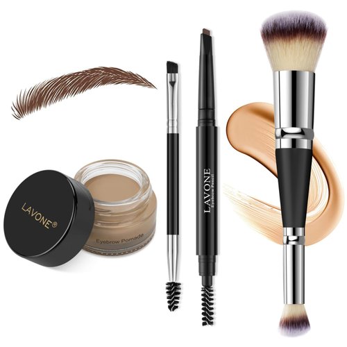 LAVONE Eyebrow Pencil Makeup Kit for Eyebrow Makeup, Make up Brow Kit with Waterproof Eyebrow Pencil, Eyebrow Pomade, Foundation & Concealer Brush and Dual-ended Eyebrow Brush - Taupe