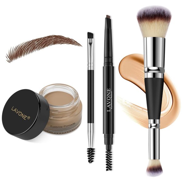 LAVONE Eyebrow Pencil Makeup Kit for Eyebrow Makeup, Make up Brow Kit with Waterproof Eyebrow Pencil, Eyebrow Pomade, Foundation & Concealer Brush and Dual-ended Eyebrow Brush - Taupe