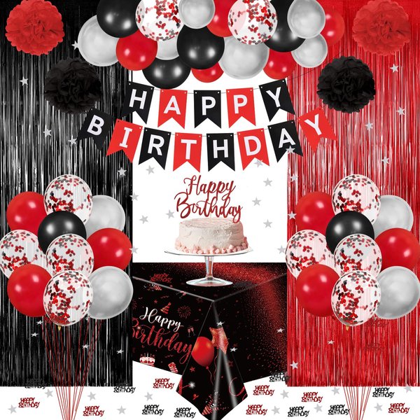 Red Birthday Decorations for Men Women Red and Black Party Decor for Boys Girls Red Christmas Bday Party Supplies Banner Tablecloth Balloons Foil Fringe Curtains Paper Pom Poms Tablecloth