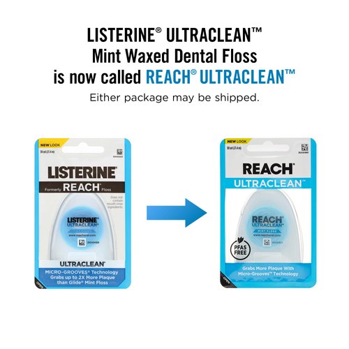 REACH Listerine Ultraclean Dental Floss 6-Pack, Plaque Remover, Shred Resistant, Waxed, Gentle on Gums & Teeth, Mint, PFAS-Free, Fresh Breath, Oral Care, for Adults & Kids, 180 yds