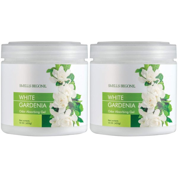 SMELLS BEGONE Air Freshener Odor Absorber Gel - Made with Essential Oils - White Gardenia Scent - 15 Ounce - 2 Pack