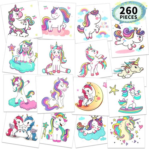 Waterproof Temporary Tattoos For Kids - 260 Pieces | Unicorns & Mermaids | Temporary Tattoo Sheets for Girls | Party Favor for Goody Bags | Non-toxic、Skin-Safe*、Cosmetic-Grade