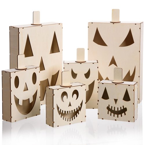 MixTeach 6PCS Halloween Pumpkin Decorations Wood Pumpkin Lanterns Unfinished Wood Paint Craft Lantern with Spooky Face Light up Wood Pumpkin Porch Decor for Halloween Fall DIY Crafts Party Decor