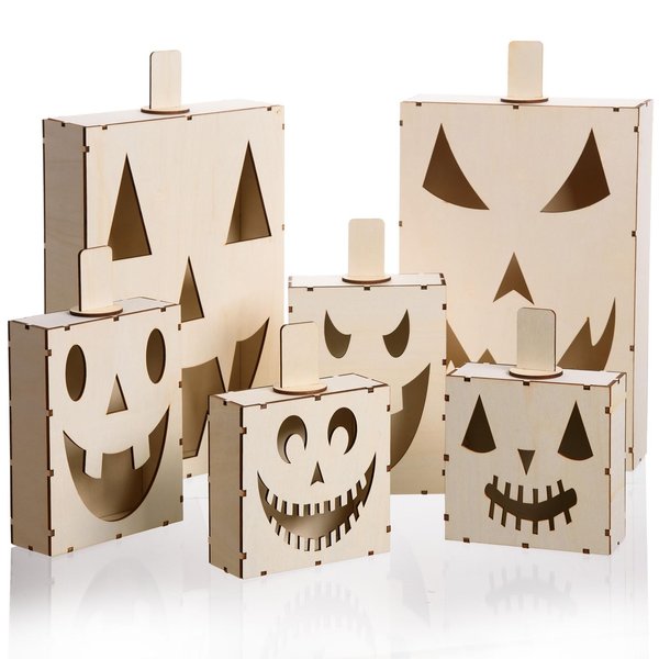 MixTeach 6PCS Halloween Pumpkin Decorations Wood Pumpkin Lanterns Unfinished Wood Paint Craft Lantern with Spooky Face Light up Wood Pumpkin Porch Decor for Halloween Fall DIY Crafts Party Decor