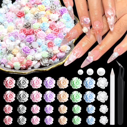 600Pcs Rose Flowers Nail Charms and Flatback Pearls,Mixed Size 3D Flower Cute Nail Charms for Acr...