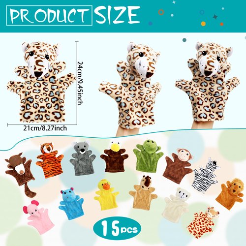 15 Pack Safari Animal Hand Puppet Zoo Plush Animal Hand Puppets Elephant Giraffe Bear Monkey Zebra Stuffed Puppet Toys for Kids Adult Show Theater Telling Story Teaching Role Play