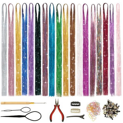 BARSDAR Hair Tinsel Kit With Tool, 18 Colors 3600 Strands Shiny Tinsel Hair Extensions Fairy Glit...