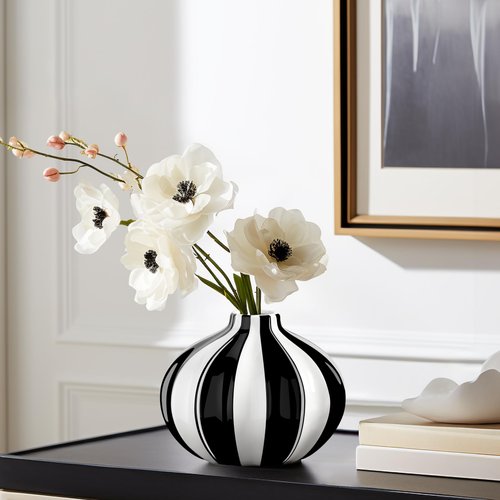 Torre & Tagus Abstract Black and White Vase - 7.25x5.5 Tall Modern Decor Ceramic Vase for Flowers with Stripes - Aesthetic Room Decor for Living Room Shelf, Fireplace Mantel, Entryway Console Table