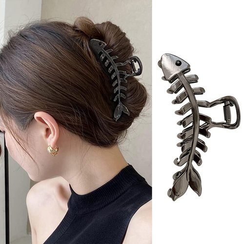 YKZFUI Fish Bone Shape Design Hair Clip, 1 Pcs Metal Hair Claw Clip Black Hairpin Fashion Nonslip...