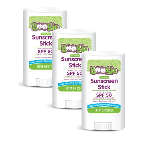 Baby Sunscreen Stick by Boogie Block, Mineral Sunscreen SPF 50, FSA HSA Eligible, Travel Size Sunblock for Kids, Zinc Oxide, Water Resistant, Vegan, Fragrance Free Pack of 3