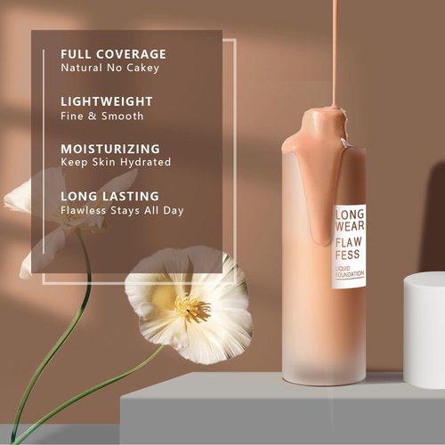 AVVA VISION Liquid Foundation Makeup Natural True Skin Tone Full Coverage Concealer Flawless Complexion Blendable Longwear, 105, 1 fl. oz.