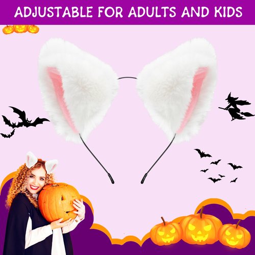 Pedenty Cat Fox Ears Headband for Women Girls, Halloween Cosplay Cat Costume Faux Fur Ears Headbands Hair Accessories for Adult Kids (White)…