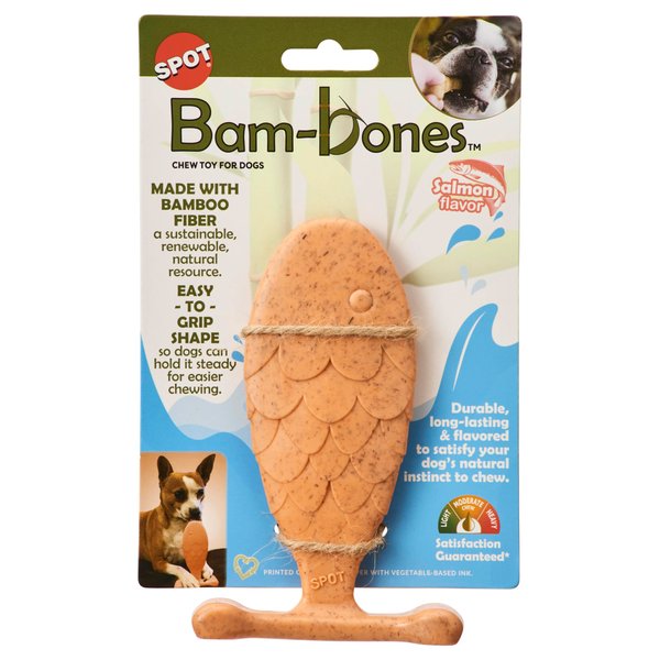 SPOT Bam-Bones Fish - Made with Strong Bamboo Fiber, Durable Long Lasting Dog Bone for Light to Moderate Chewers, Great Chew Toy for Adult Dogs & Teething Puppies Under 30lbs, 5.5in, Salmon Flavor