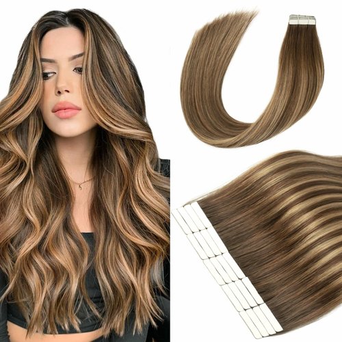 Hyssiet Tape in Hair Extensions Human Hair, 20pcs 50g 20 Inch Tape in Hair Extensions,Balayage Chocolate Brown To Caramel Blonde,Invisible Remy Silky Straight Natural Thick Real Human Hair Extensions