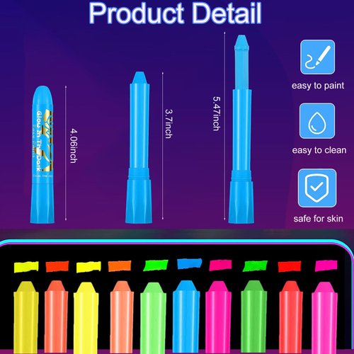 10 Color Glow in The UV Black Light Face Body Paint for Kids Adult, Blacklight Glow Sticks Makeup Neon Face Painting Kits for Halloween Glow Party Supplies