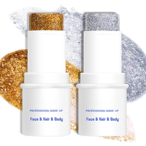 LOKFAR Body Glitter & Face Glitter Makeup Stick, Multiuse Waterproof Face Glitter Gel for Face Body Hair Eye Lip, Holographic Sequins Hair Glitter Face Paint, Mermaid Accessories Makeup (Gold, Silver)