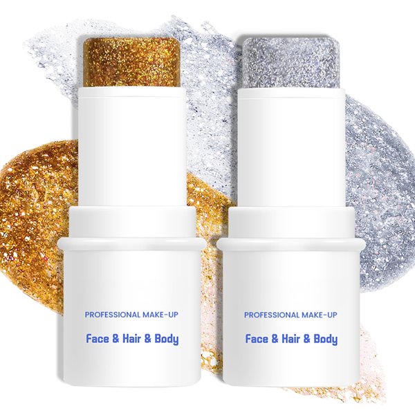 LOKFAR Body Glitter & Face Glitter Makeup Stick, Multiuse Waterproof Face Glitter Gel for Face Body Hair Eye Lip, Holographic Sequins Hair Glitter Face Paint, Mermaid Accessories Makeup (Gold, Silver)