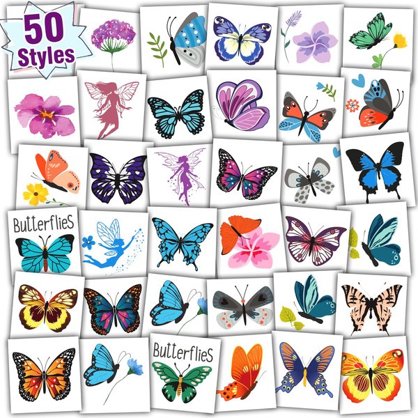 Partywind Butterfly Temporary Tattoos for Kids, Individually Wrapped Sheets Tattoos for Butterfly Party Supplies Favors Decorations, Butterfly Birthday Party Toys for Kids Girls (50 Styles)