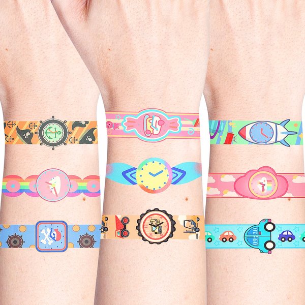 10 Sheets Watch Temporary Tattoos for Kids, Cartoon Watch Tattoo Stickers, Waterproof Fake Tattoo Stickers for Birthday Party Supplies