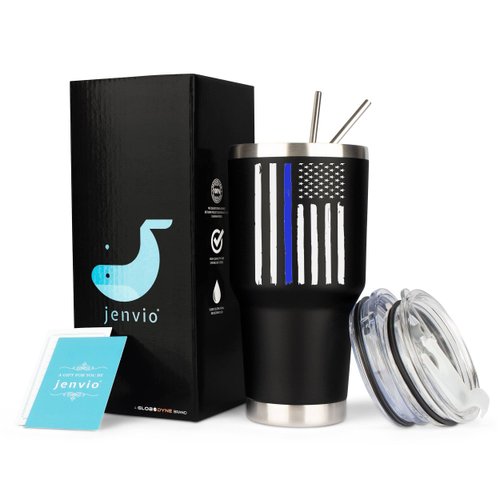 JENVIO Thin Blue Line Police Tumbler | Retirement Gifts Travel Mug w Lid for Coffee Cup/Cold Drinks | Back The Blue | Gear Correctional for Him | Cops Officer Christmas Gift (30 Ounce)