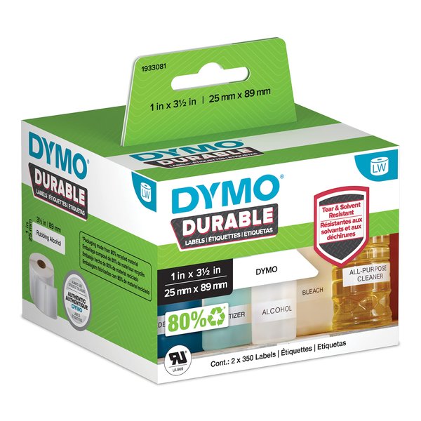 DYMO LW Durable Industrial Labels for LabelWriter Label Printers, White Poly, 1” x 3-1/2”, 2 Rolls of 350 (1933081)