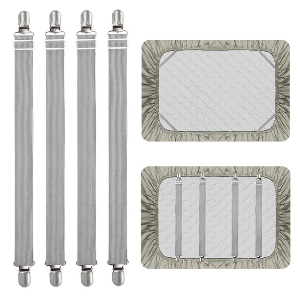 4Pcs Adjustable Bed Sheet Straps Clips, Elastic Mattress Sheet Fasteners Holder and Suspenders, Grippers to Hold Sheet, Mattress, Sofa, Couch, Table Cloth, Recliner Ironing Board Cover and More