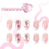 IMSOHOT Oval Press on Nails Pink Short Fake Nails French Tips Acrylic False Nails with Bow Tie Charms Designs Rhinestone Pearl Full Cover Glue on Nails Cute Glossy Nails for Women and Girls 24Pcs
