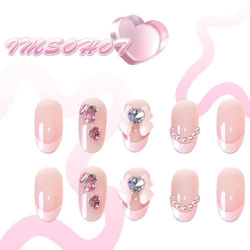 IMSOHOT Oval Press on Nails Pink Short Fake Nails French Tips Acrylic False Nails with Bow Tie Charms Designs Rhinestone Pearl Full Cover Glue on Nails Cute Glossy Nails for Women and Girls 24Pcs